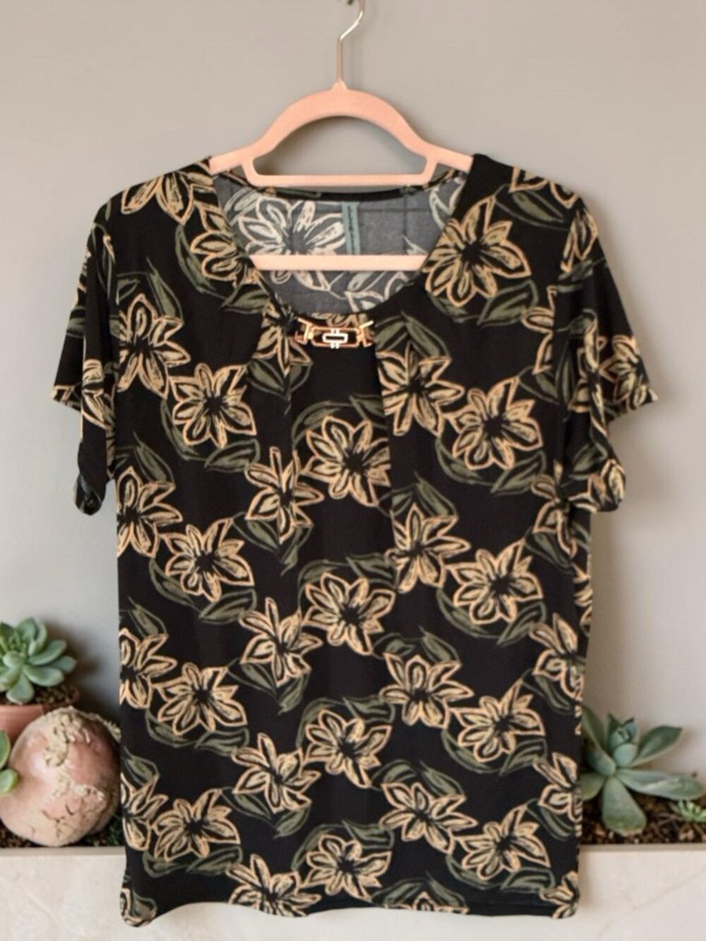 Liz & Lilli Black/Floral Multicolor Short Sleeve Blouse-Size 2X-See Measurements